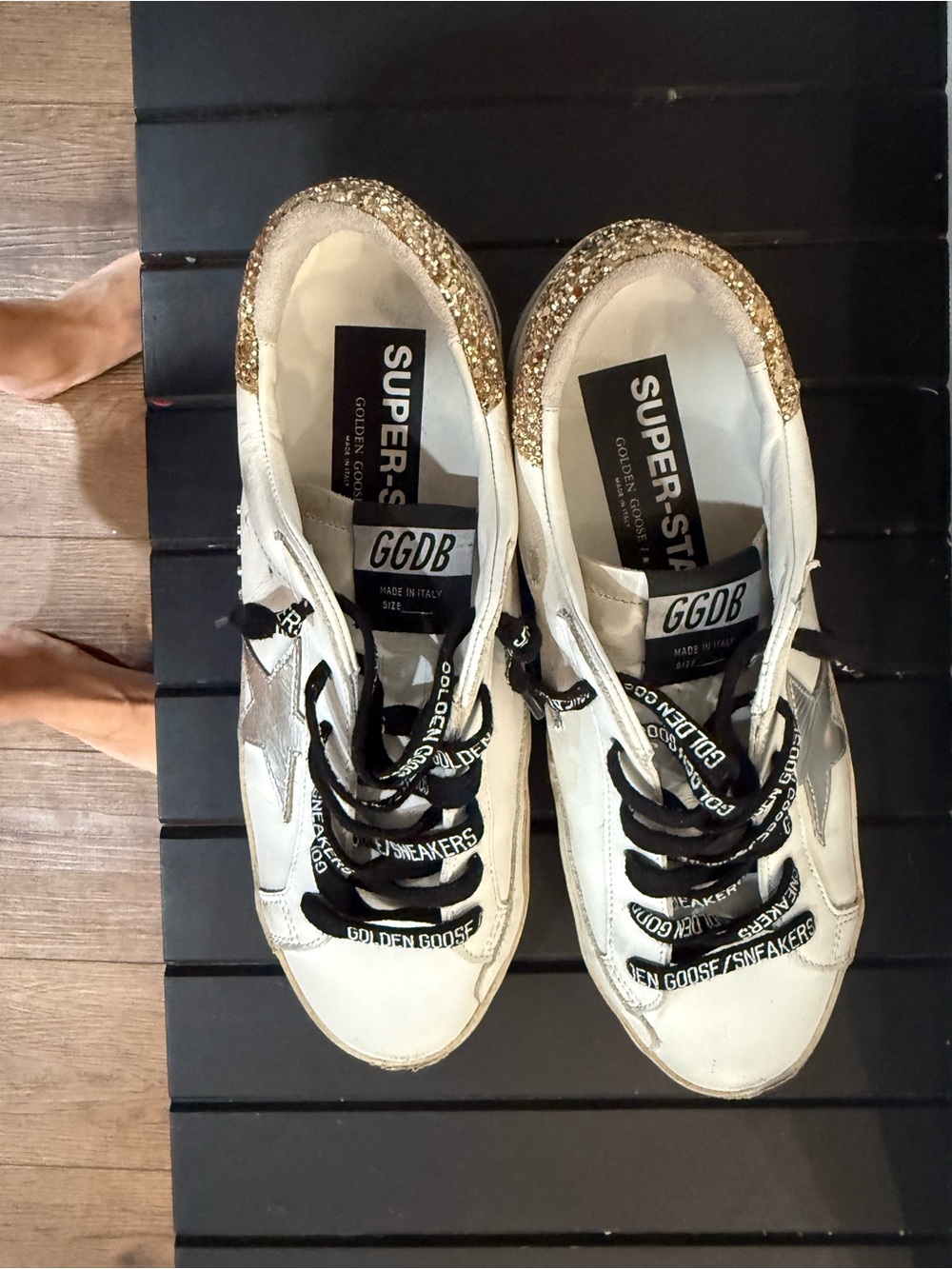 Golden Goose Super-Star Sneakers in White with Gold Glitter Heel - Picture 2 of 6